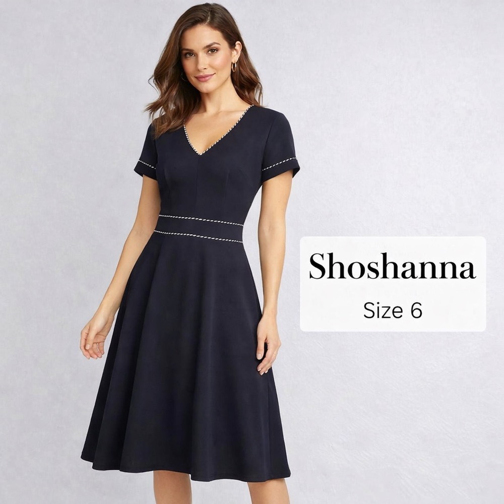 Shoshanna Navy Fit & Flare Dress Size 6V-Neck Short Sleeve Classic Chic preppy